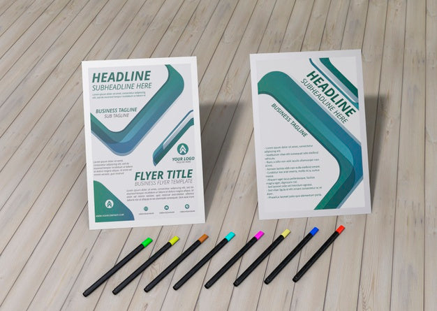 High View Flyer And Pencils Brand Company Business Mock-Up Paper On Wooden Backdrop Psd