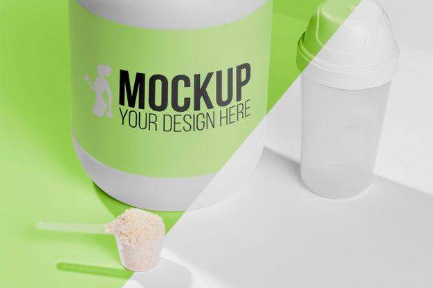 High View Green Bottle Of Protein Powder Mock-Up Psd