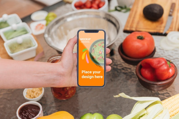 High View Mobile Phone And Healthy Food Mock-Up Psd