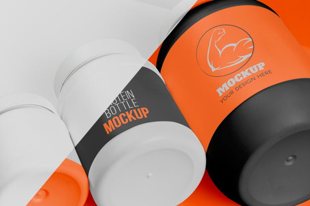High View Orange Bottle Of Protein Powder Mock-Up Psd