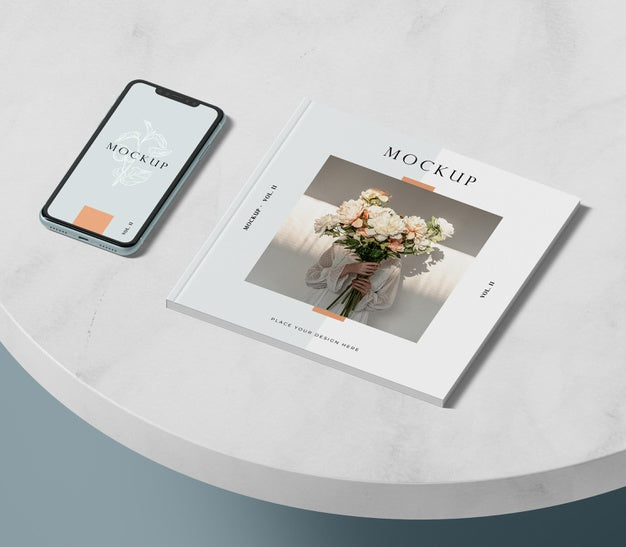 High View Phone And Editorial Magazine Mock-Up Psd