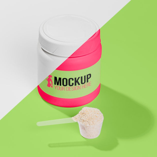 High View Pink Bottle Of Protein Powder Mock-Up Psd