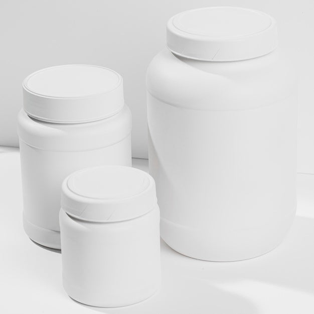 High View Plastic Bottles Of Protein Powder Psd