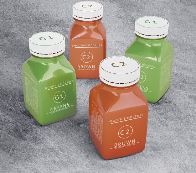 High View Plastic Bottles With Different Fruit Or Vegetable Juices Psd