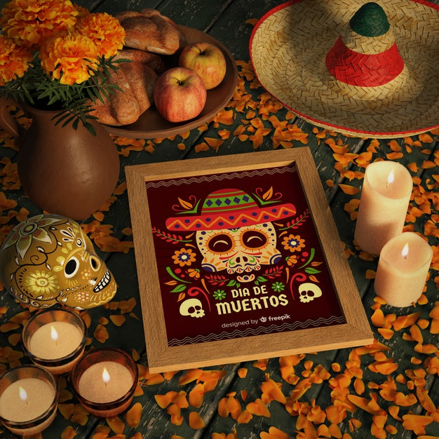 High View Shot Of Dia De Muertos Mock-Up With Skull Psd