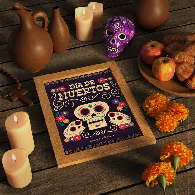 High View Shot Of Dia De Muertos Mock-Up With Skull Psd