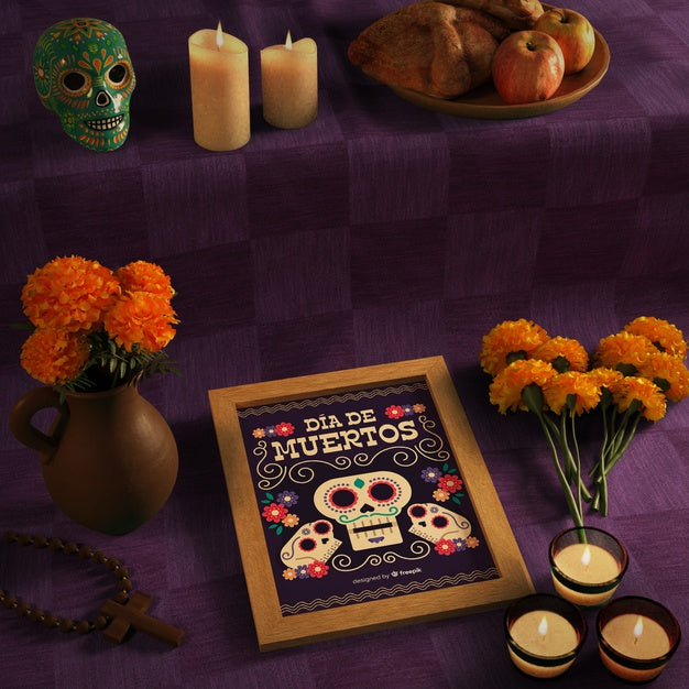 High View Shot Of Dia De Muertos Mock-Up With Skull Psd