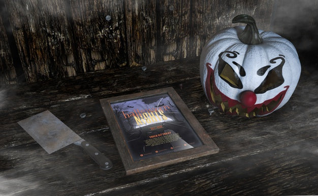 High View Shot Of Scary Clown Pumpkin And Halloween Nights Frame Psd