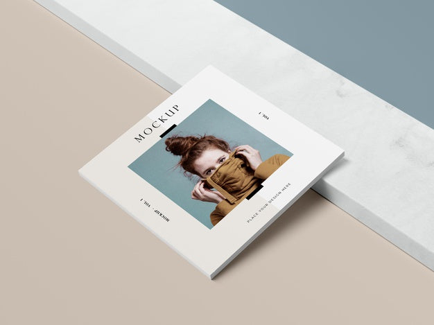 High View Square Book With Woman And Shadow Editorial Magazine Mock-Up Psd