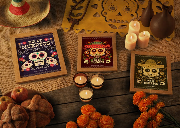 High View Variety Of Dia De Muertos Mock-Up With Skull Psd