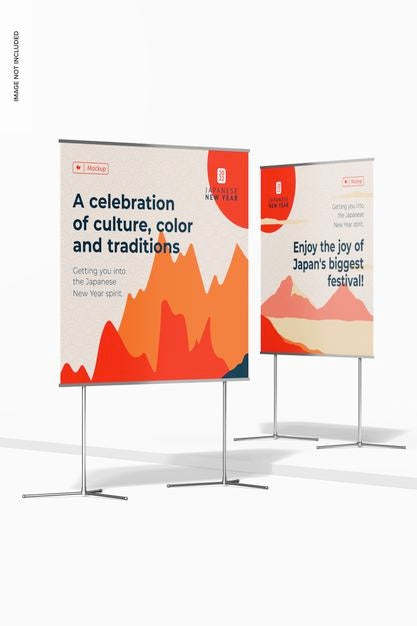 Horizontal Banner Stands Mockup, Perspective Psd