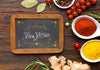 Horizontal Chalkboard With Frame Surrounded By Spices And Herbs Psd