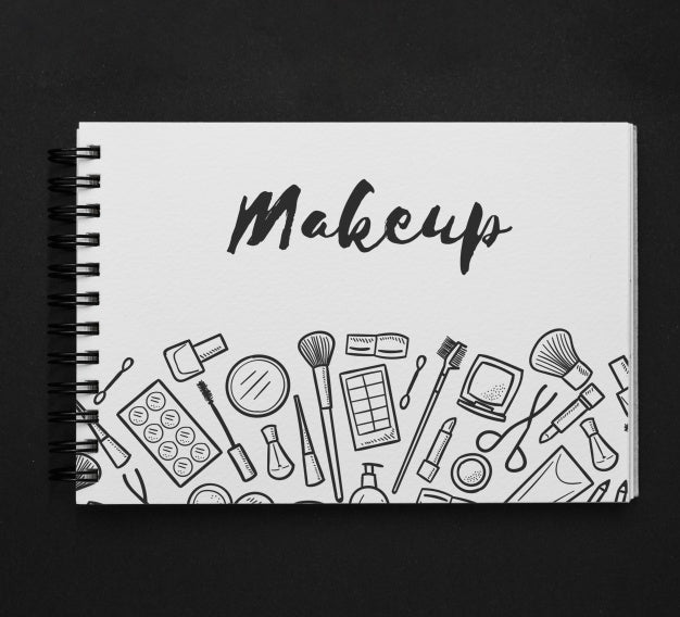 Horizontal Notepad Mockup With Makeup Drawing Psd