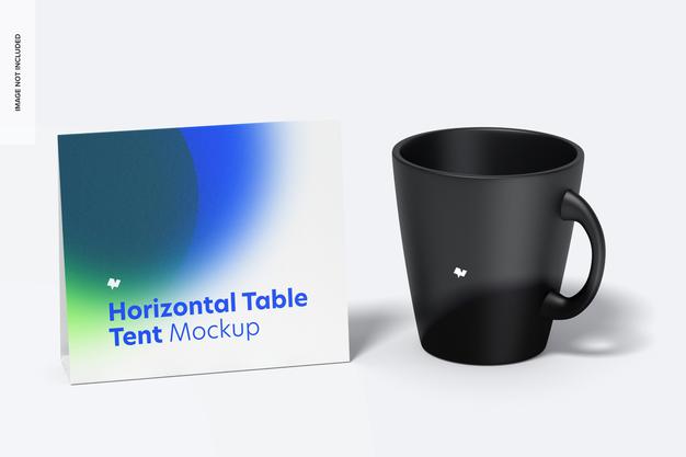 Horizontal Table Tent Card With Mug Mockup Psd
