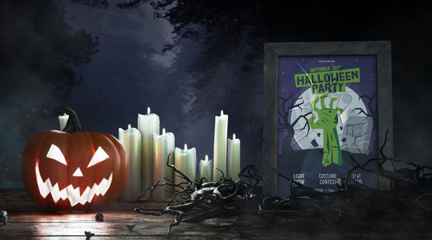 Horror Movie Poster With Candles And Pumpkin Psd