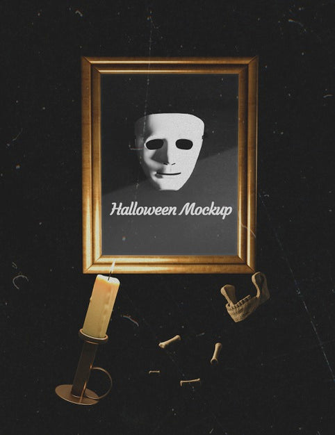 Horror White Mask In A Frame With Surrounding Bones Psd