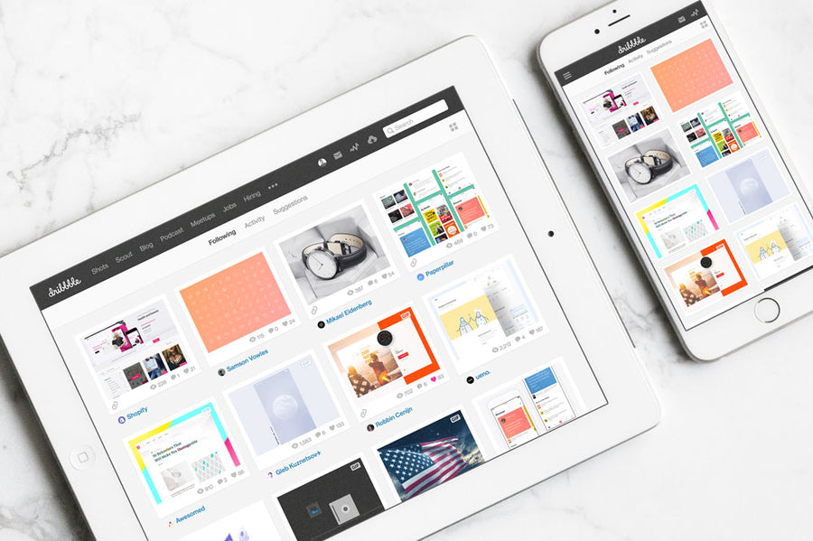 iPad and iPhone 7 Plus on Marble Table Mockup