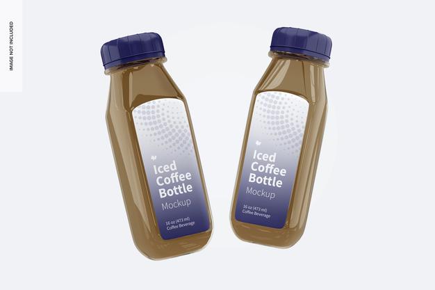 Iced Coffee Glass Bottles Mockup, Floating Psd