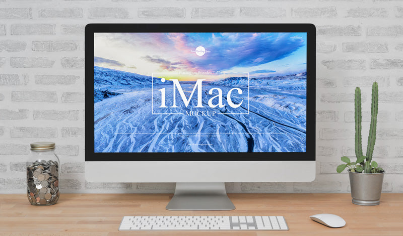 Imac Placing On Wooden Table Mockup