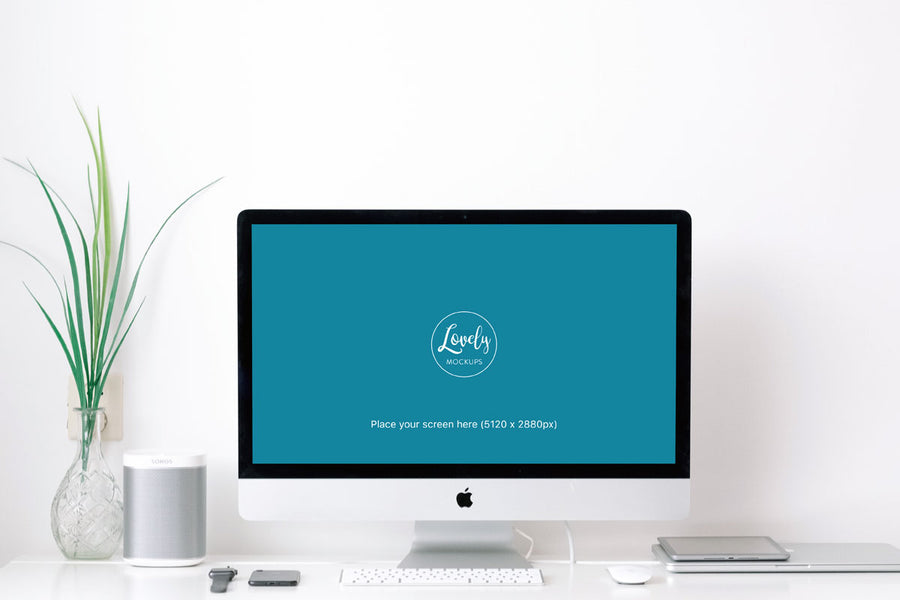 Clean iMac Mockup With Sonos Speaker