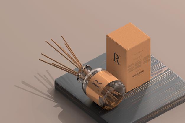 Incense Air Freshener Reed Diffuser Glass Bottle With Box Mockup Psd