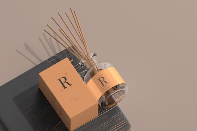 Incense Air Freshener Reed Diffuser Glass Bottle With Box Mockup Psd