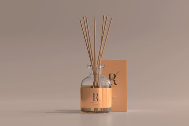 Incense Air Freshener Reed Diffuser Glass Bottle With Box Mockup Psd