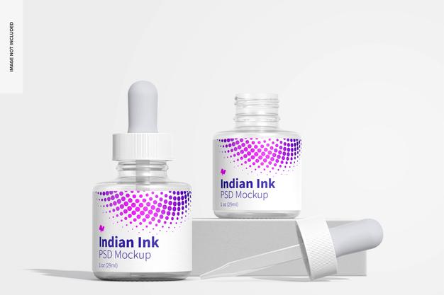 Indian Ink Bottles Mockup, Front View Psd