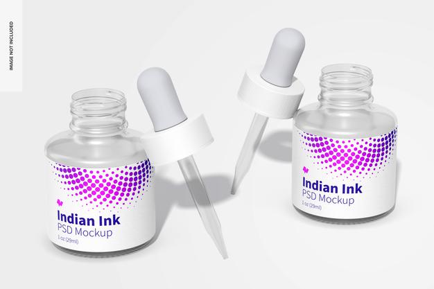 Indian Ink Bottles Mockup, Opened Psd
