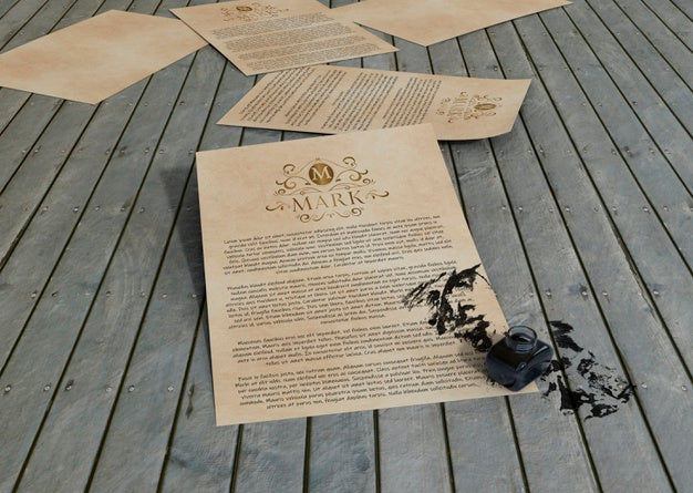 Ink And Contract Mock-Up Paper On Wooden Background Psd
