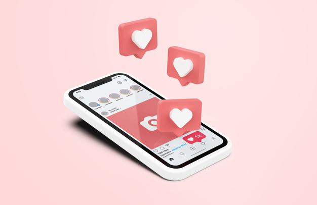 Instagram On White Mobile Phone Mockup With 3D Like Icons Psd