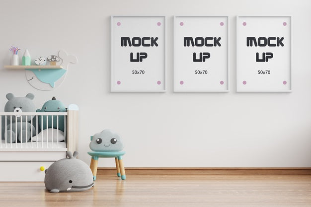 Interior Mockup, Kids Room, Wall Frame Mockup 3D Rendering Psd