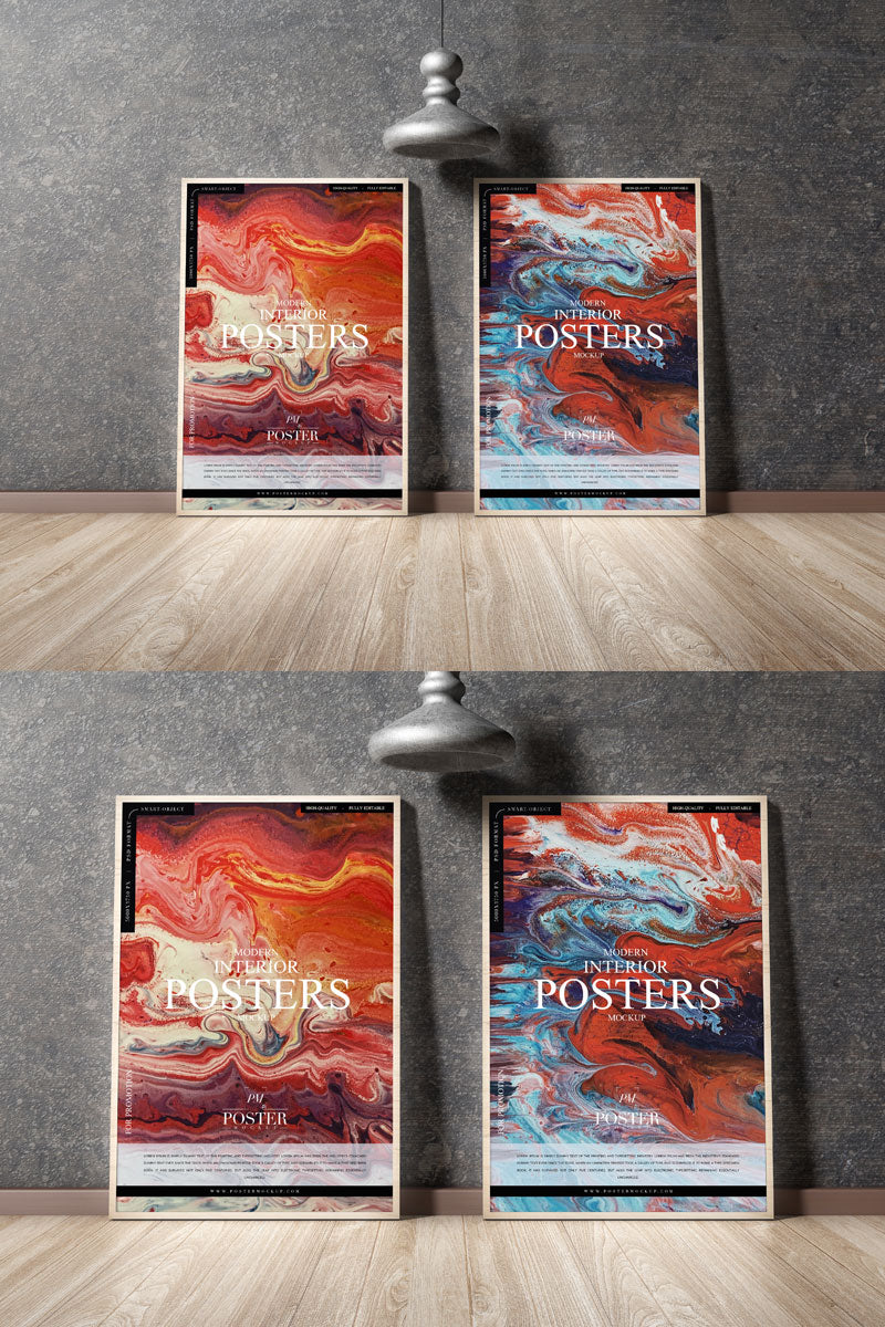 Interior Posters Placing On Wooden Floor Mockup