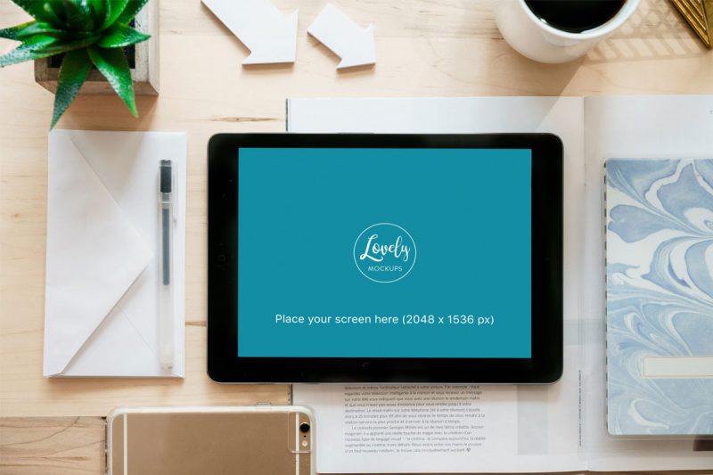 iPad Air With Envelope on Table Mockup Top View