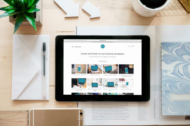 iPad Air With Envelope on Table Mockup Top View