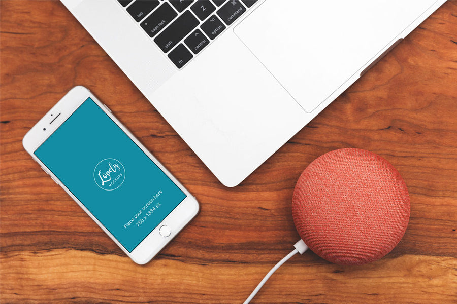 iPhone Mockup With Macbook On Wooden Desk