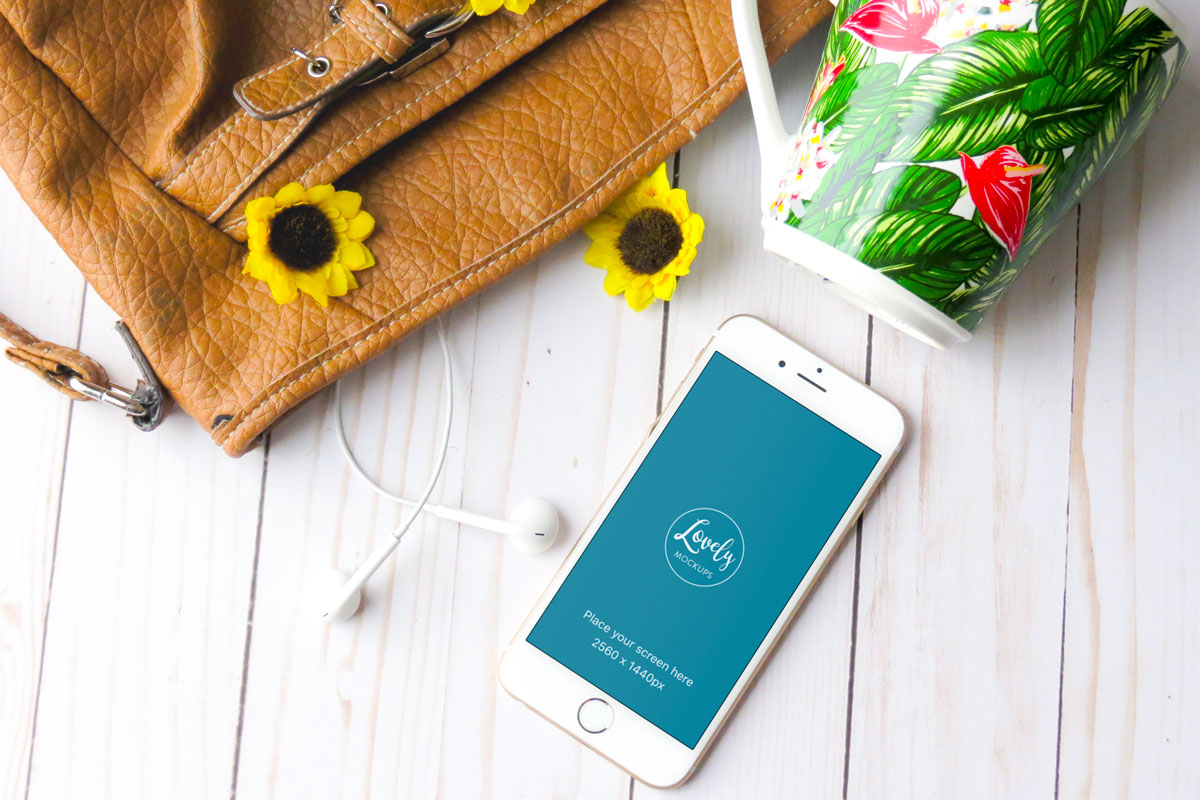 White iPhone 8 Mockup With Sunflowers
