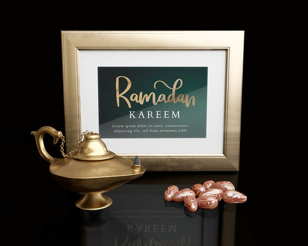Islamic New Year Arrangement With Frame, Lamp And Dried Dates Psd