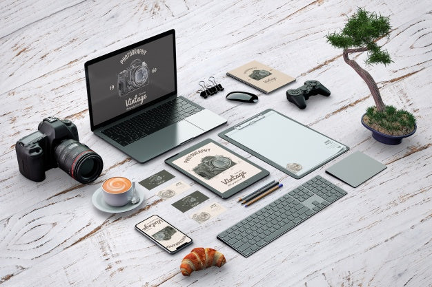 Isometric Stationery Mockup With Photography Concept Psd