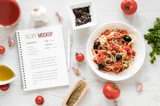 Italian Food Arrangement With Notebook Mock-Up Psd