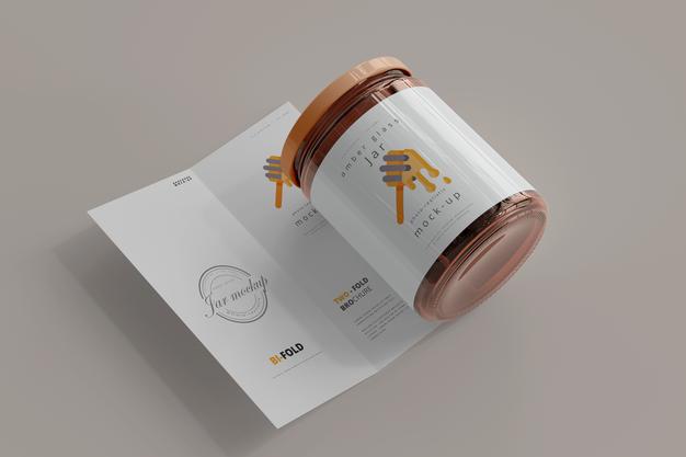 Jar With Bi-Fold Brochure Mockup Psd