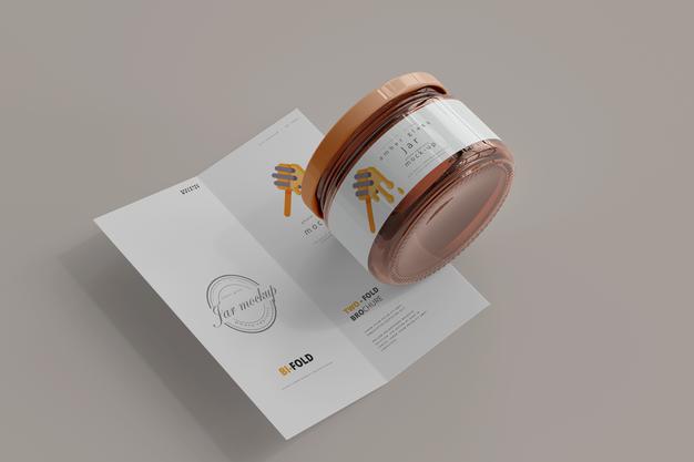 Jar With Bi-Fold Brochure Mockup Psd