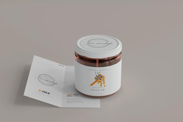 Jar With Bi-Fold Brochure Mockup Psd