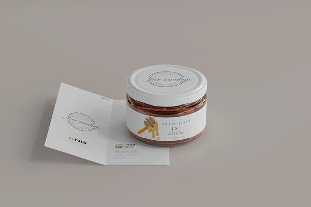Jar With Bi-Fold Brochure Mockup Psd