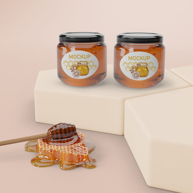Jars With Honey Aligned On Table Psd