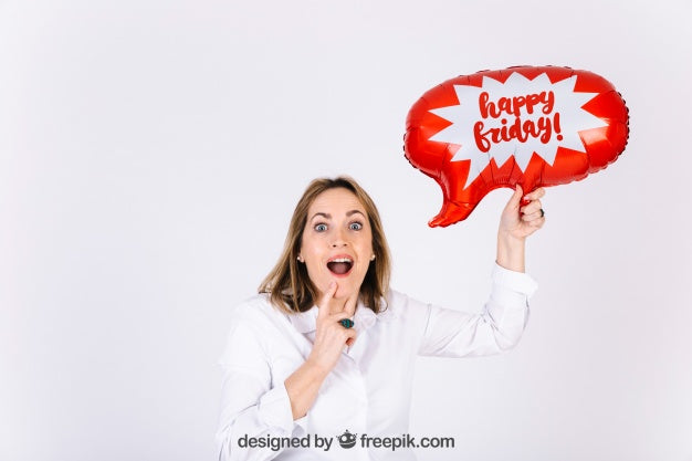Joyful Woman With Speech Bubble Balloon For Event Psd