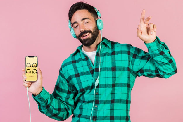 Joyful Young Man With Headphones And Cell Phone Mock Up Psd