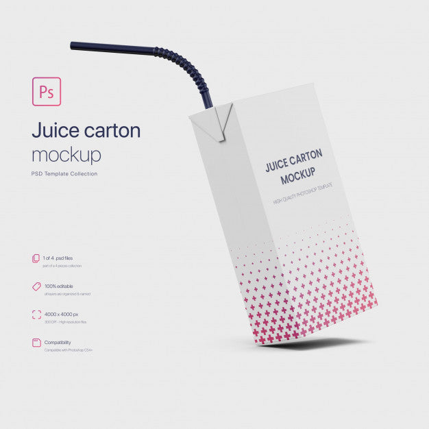 Juice Paper Carton Packaging With Straw Mockup Psd