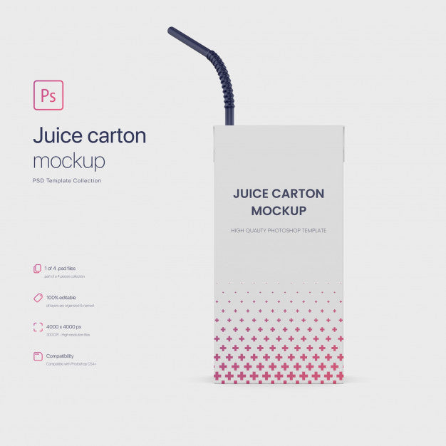 Juice Paper Carton Packaging With Straw Mockup Psd