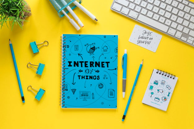 Keyboard And Notebook Mock-Up On Yellow Background Psd